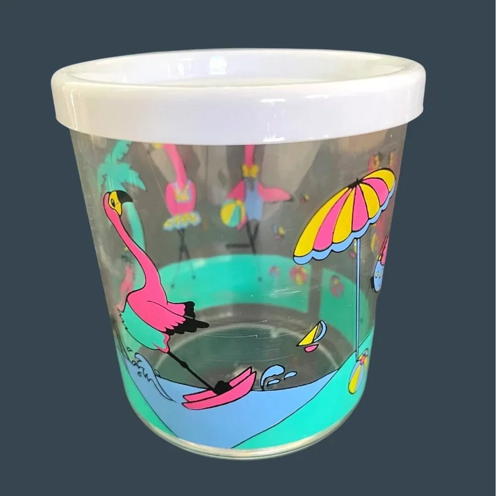 Retro Pink Flamingo Ice Bucket Barware Drink 10 Pc Set Tumbler Glasses Vintage